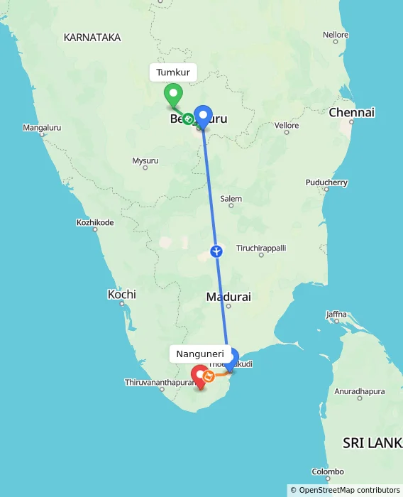 Route map showing distance and travel time from Tumkur, India to Nanguneri, India