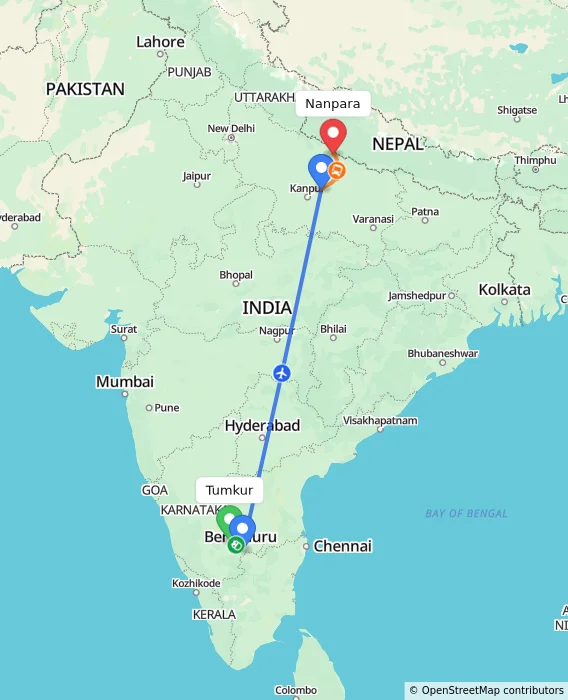 Route map showing distance and travel time from Tumkur, India to Nanpara, India