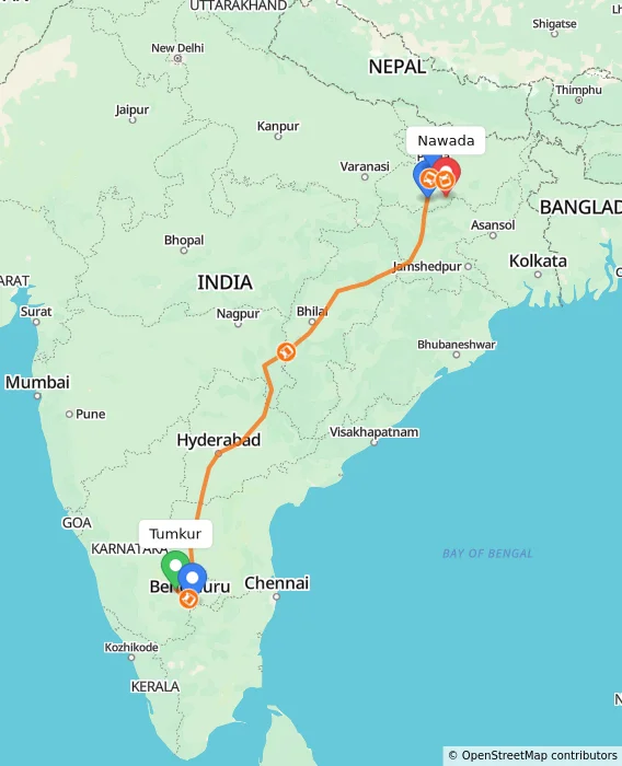 Route map showing distance and travel time from Tumkur, India to Nawada, India