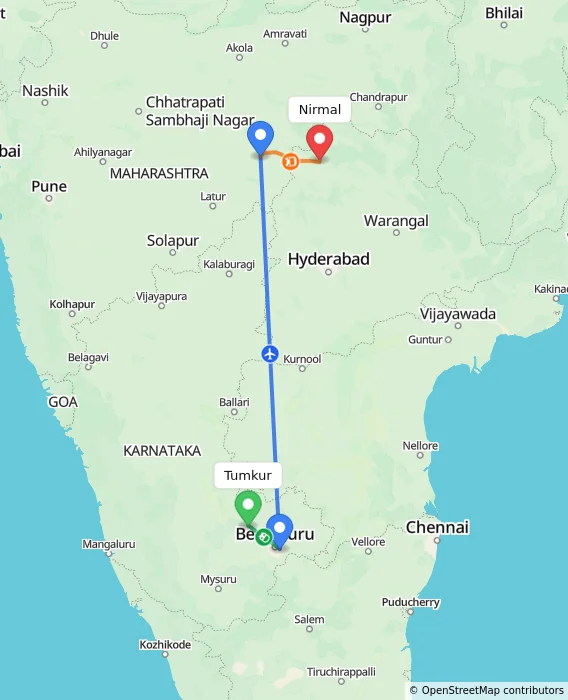 Route map showing distance and travel time from Tumkur, India to Nirmal, India