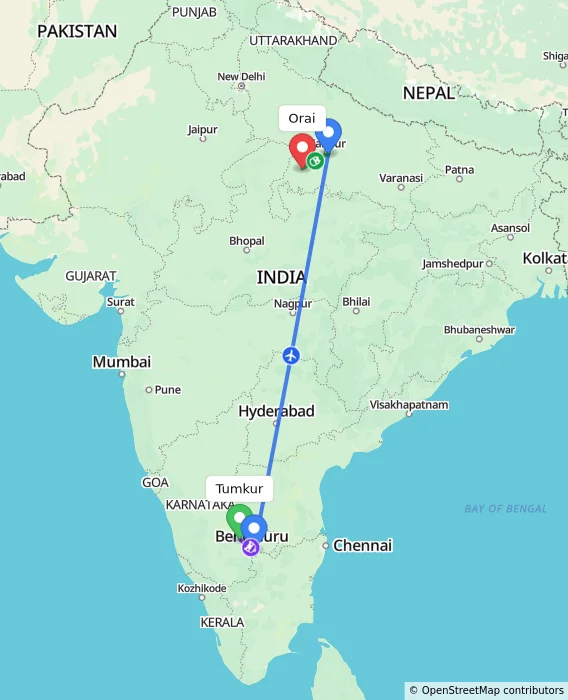 Route map showing distance and travel time from Tumkur, India to Orai, India