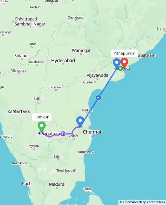 Route map showing distance and travel time from Tumkur, India to Pithapuram, India
