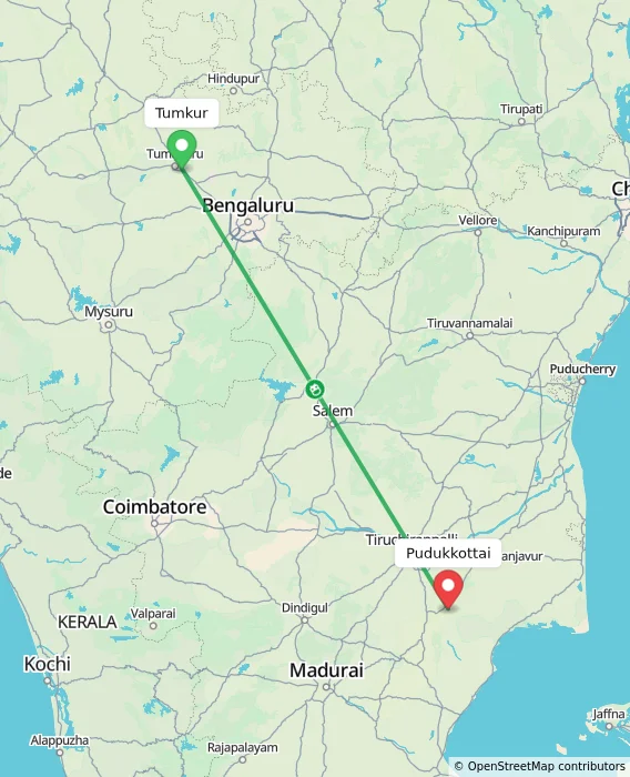 Route map showing distance and travel time from Tumkur, India to Pudukkottai, India