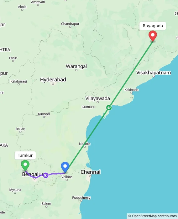 Route map showing distance and travel time from Tumkur, India to Rayagada, India