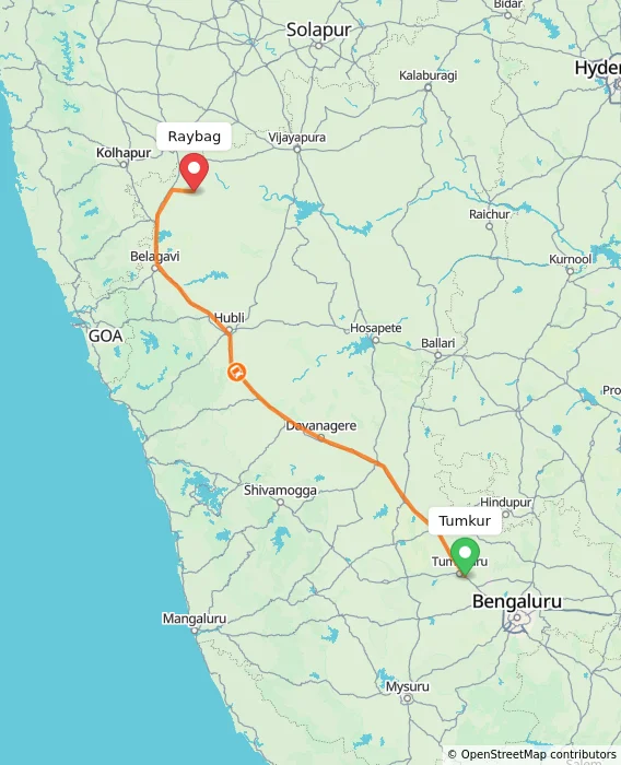 Route map showing distance and travel time from Tumkur, India to Raybag, India