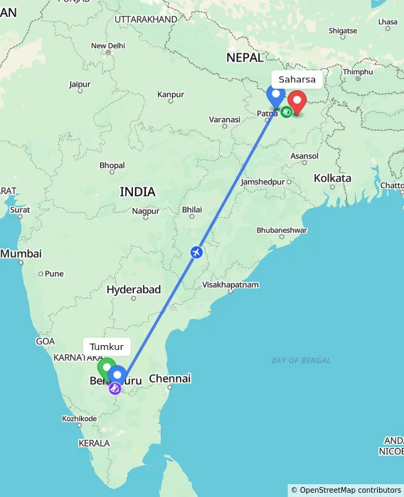 Route map showing distance and travel time from Tumkur, India to Saharsa, India