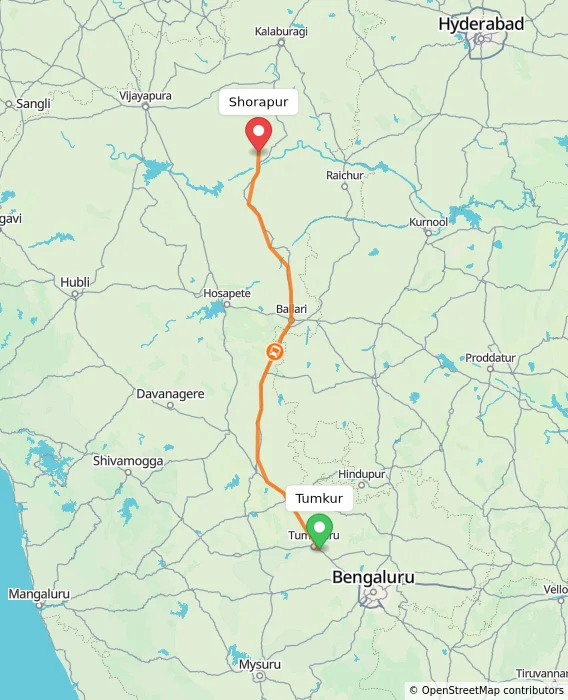 Route map showing distance and travel time from Tumkur, India to Shorapur, India