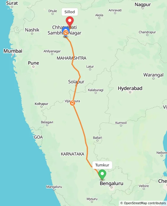 Route map showing distance and travel time from Tumkur, India to Sillod, India