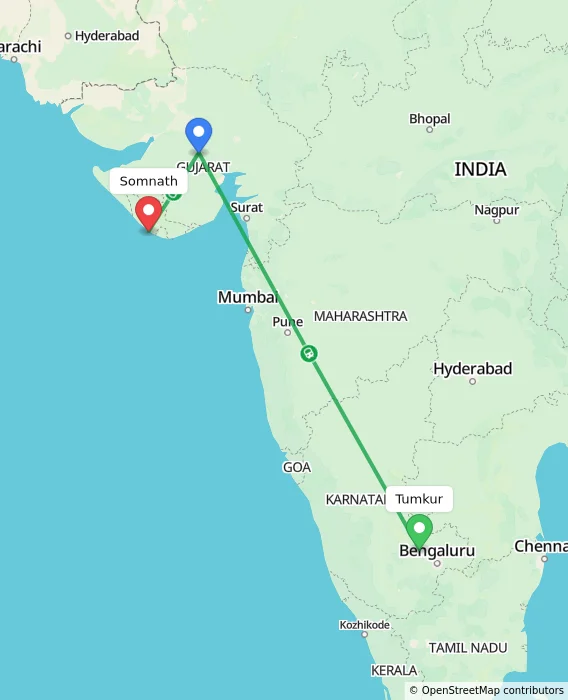 Route map showing distance and travel time from Tumkur, India to Somnath, India