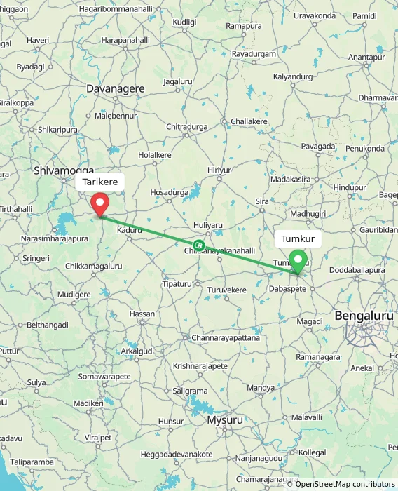 Route map showing distance and travel time from Tumkur, India to Tarikere, India