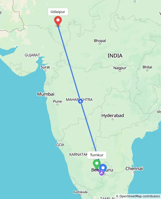 Route map showing distance and travel time from Tumkur, India to Udaipur, India