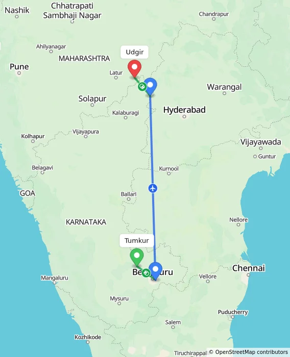 Route map showing distance and travel time from Tumkur, India to Udgir, India