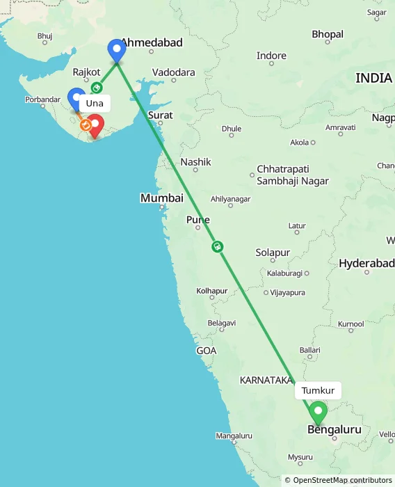 Route map showing distance and travel time from Tumkur, India to Una, India