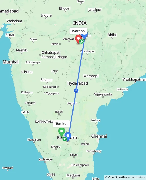 Route map showing distance and travel time from Tumkur, India to Wardha, India