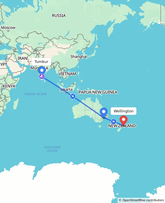 Route map showing distance and travel time from Tumkur, India to Wellington, New Zealand