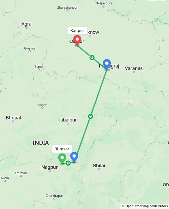 Route map showing distance and travel time from Tumsar, India to Kanpur, India