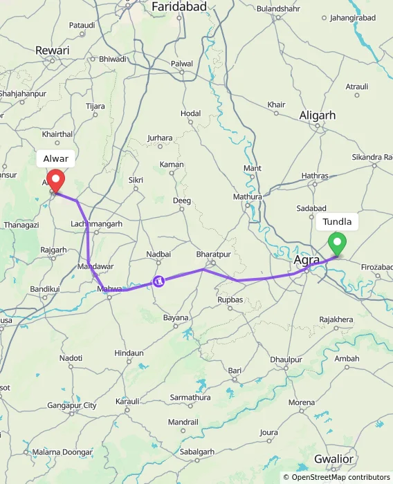 Route map showing distance and travel time from Tundla, India to Alwar, India