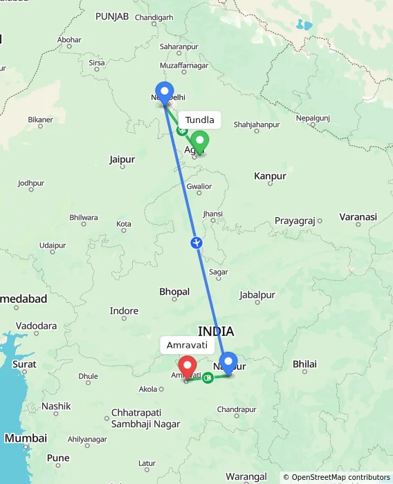 Route map showing distance and travel time from Tundla, India to Amravati, India