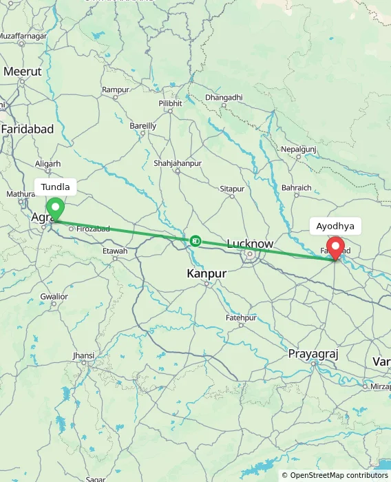 Route map showing distance and travel time from Tundla, India to Ayodhya, India
