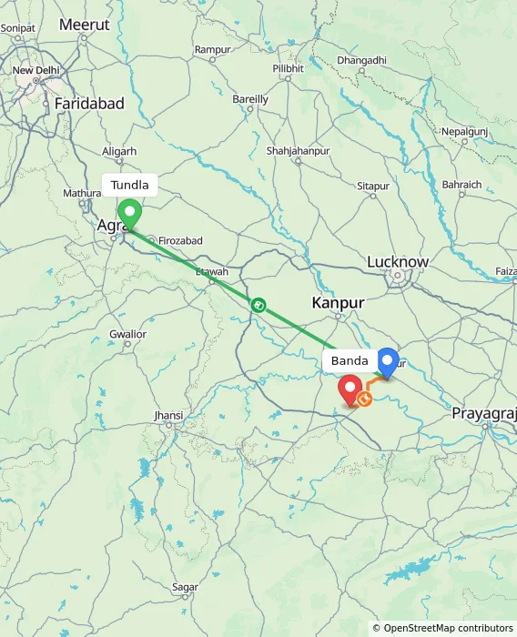 Route map showing distance and travel time from Tundla, India to Banda, India