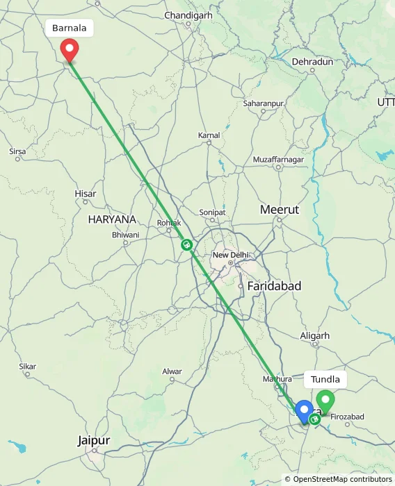 Route map showing distance and travel time from Tundla, India to Barnala, India