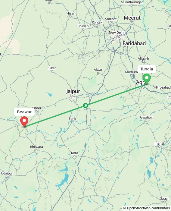 Route map showing distance and travel time from Tundla, India to Beawar, India