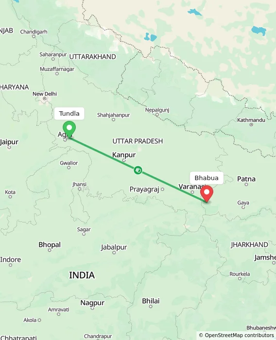 Route map showing distance and travel time from Tundla, India to Bhabua, India