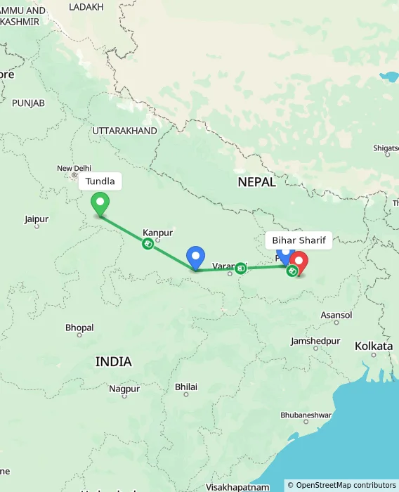 Route map showing distance and travel time from Tundla, India to Bihar Sharif, India