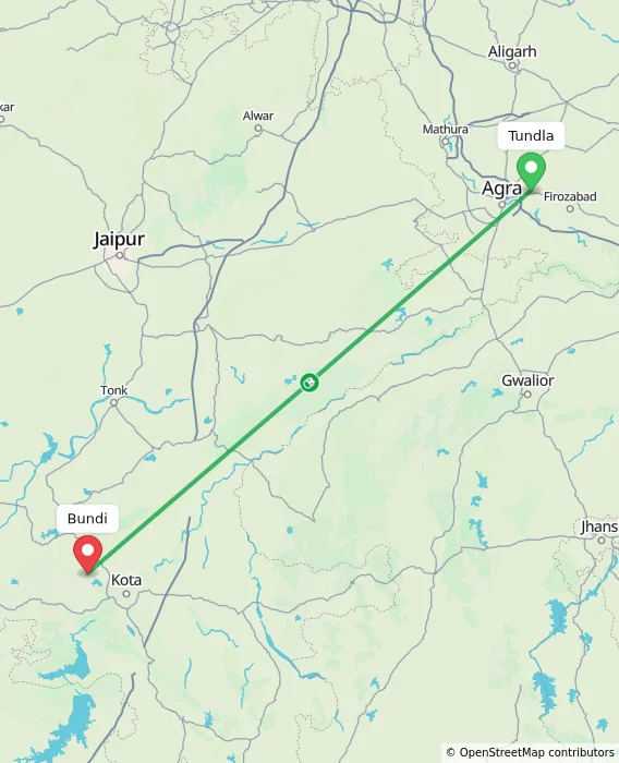 Route map showing distance and travel time from Tundla, India to Bundi, India