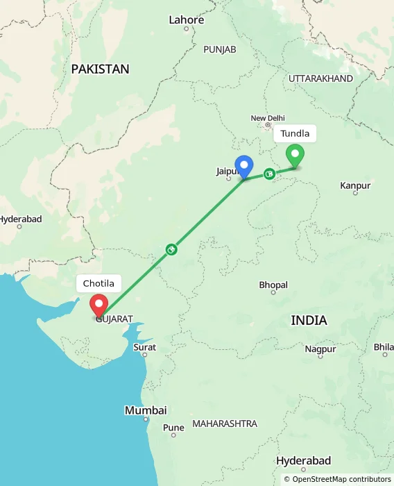 Route map showing distance and travel time from Tundla, India to Chotila, India