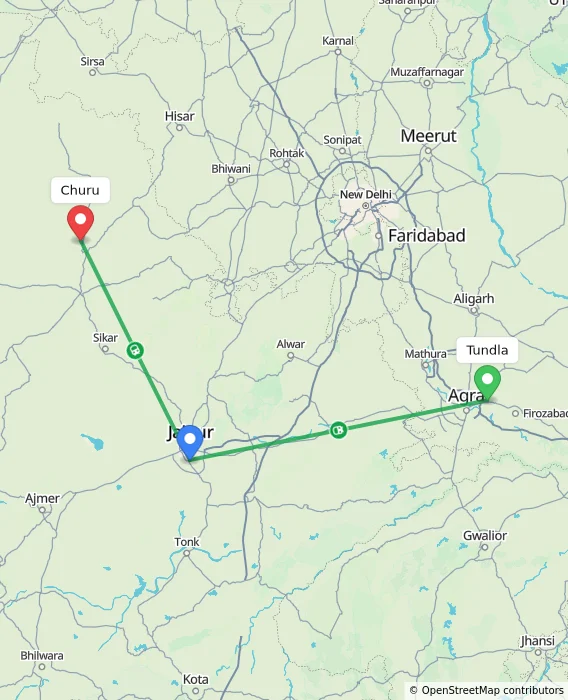 Route map showing distance and travel time from Tundla, India to Churu, India