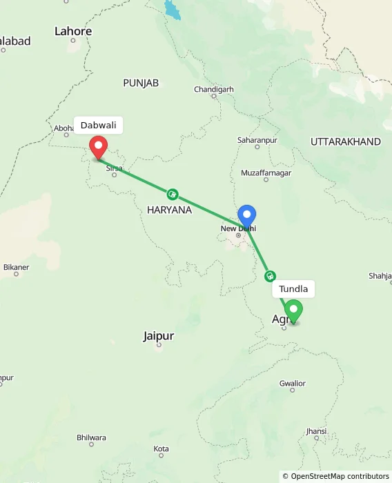 Route map showing distance and travel time from Tundla, India to Dabwali, India