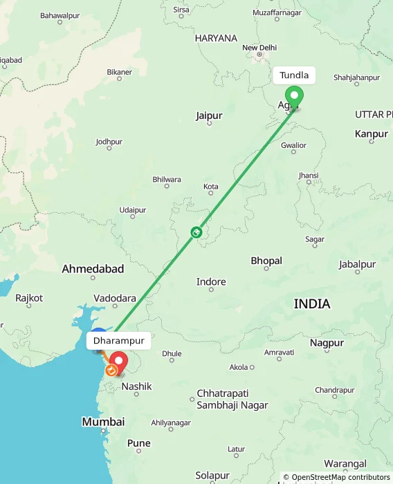 Route map showing distance and travel time from Tundla, India to Dharampur, India