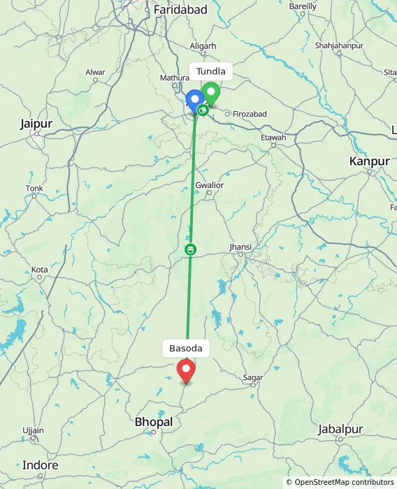 Route map showing distance and travel time from Tundla, India to Basoda, India