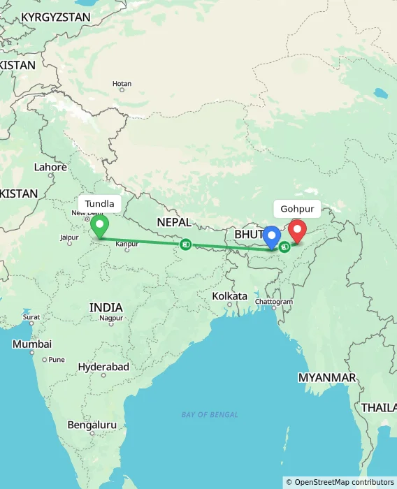 Route map showing distance and travel time from Tundla, India to Gohpur, India