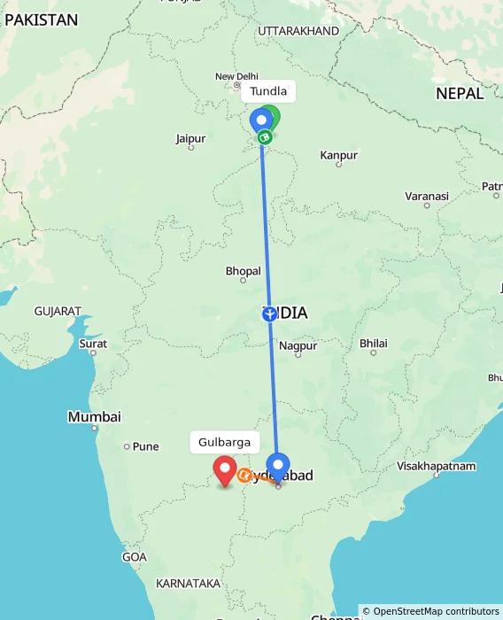 Route map showing distance and travel time from Tundla, India to Gulbarga, India