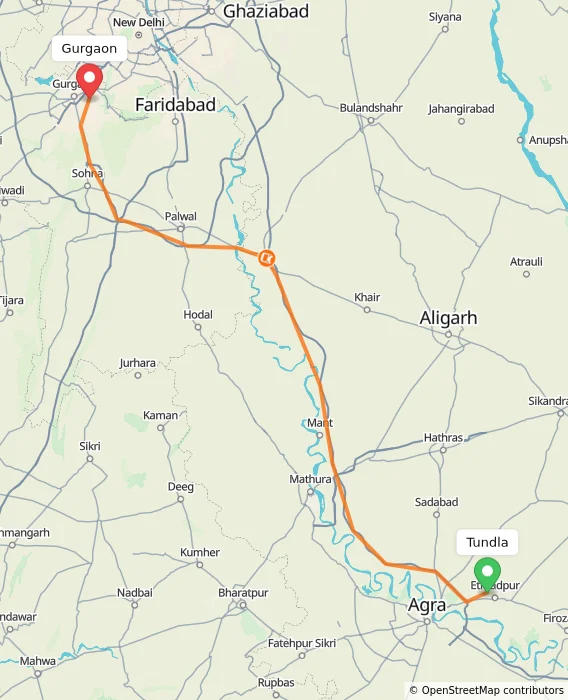 Route map showing distance and travel time from Tundla, India to Gurgaon, India