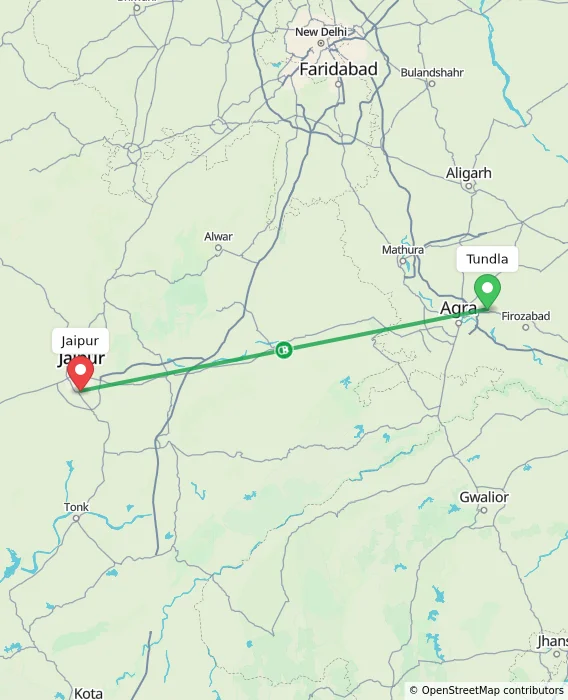 Route map showing distance and travel time from Tundla, India to Jaipur, India