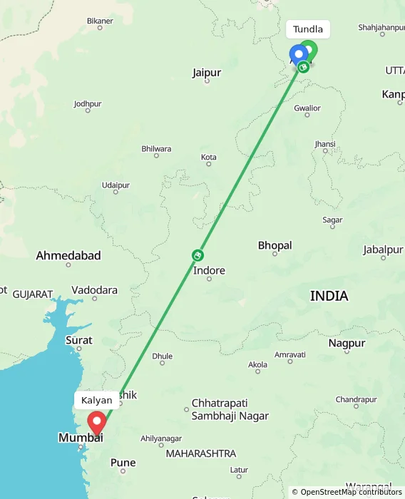 Route map showing distance and travel time from Tundla, India to Kalyan, India