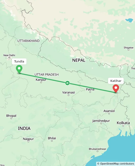 Route map showing distance and travel time from Tundla, India to Katihar, India