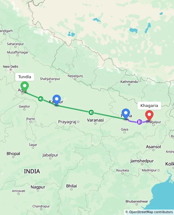 Route map showing distance and travel time from Tundla, India to Khagaria, India