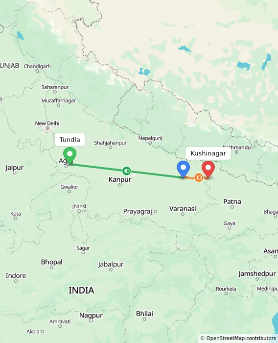 Route map showing distance and travel time from Tundla, India to Kushinagar, India