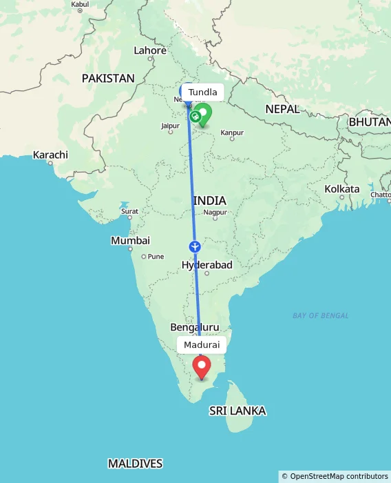 Route map showing distance and travel time from Tundla, India to Madurai, India