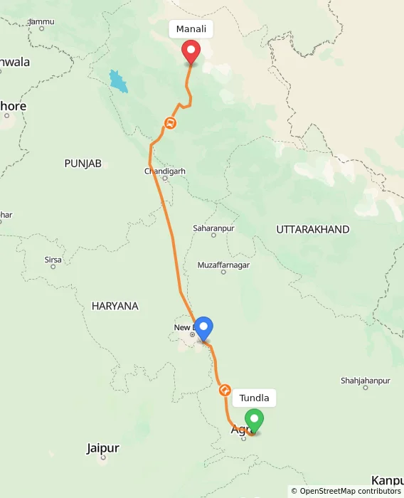 Route map showing distance and travel time from Tundla, India to Manali, India