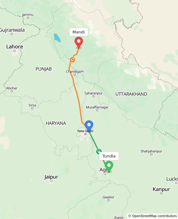 Route map showing distance and travel time from Tundla, India to Mandi, India