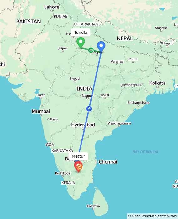 Route map showing distance and travel time from Tundla, India to Mettur, India