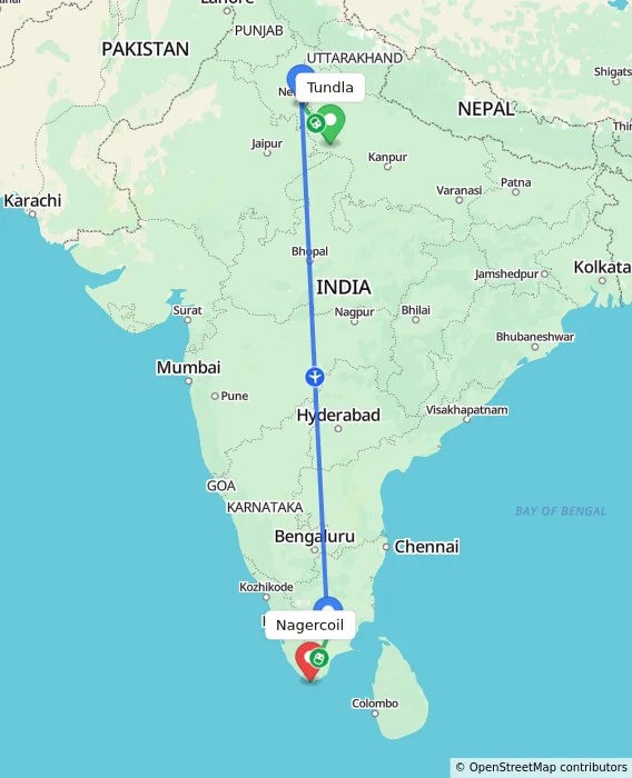 Route map showing distance and travel time from Tundla, India to Nagercoil, India