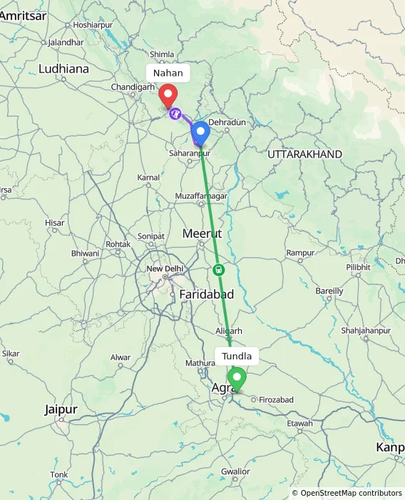 Route map showing distance and travel time from Tundla, India to Nahan, India