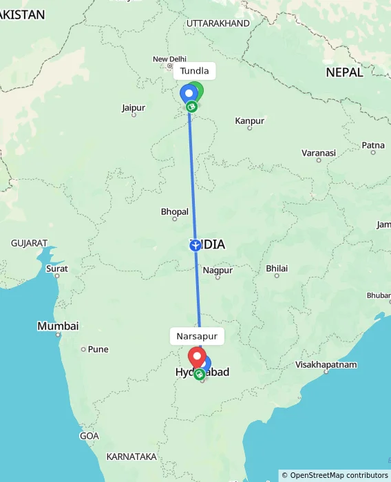 Route map showing distance and travel time from Tundla, India to Narsapur, India