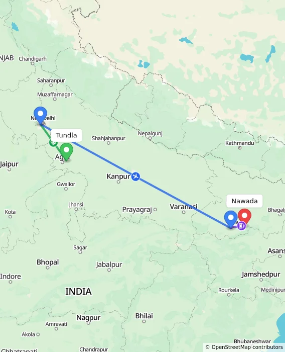 Route map showing distance and travel time from Tundla, India to Nawada, India